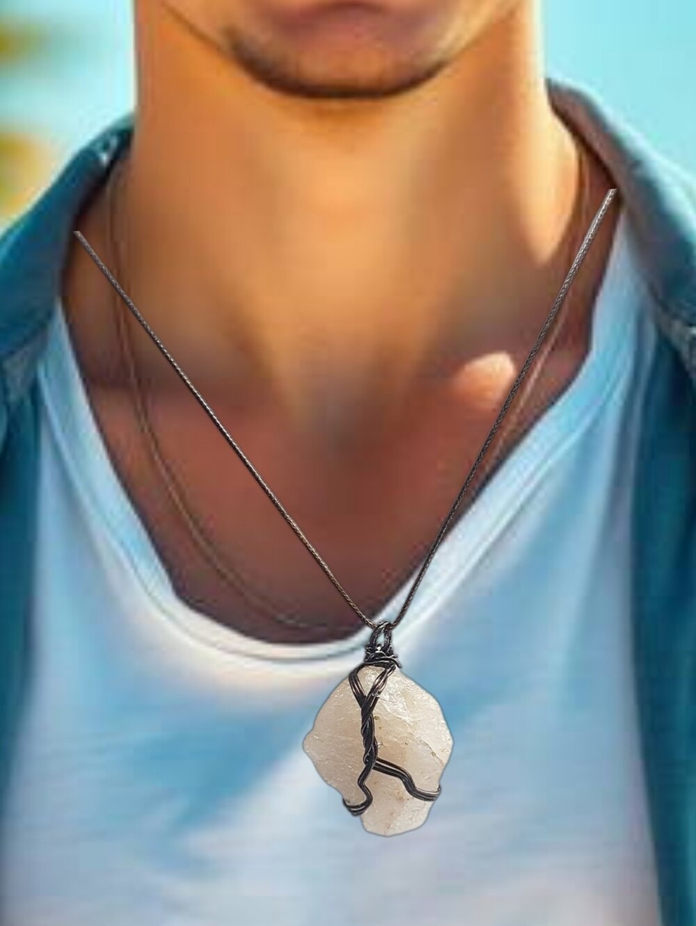 🙋 10/$20.  Raw Natural White Stone Handwíred Pendant w/ Cord Necklace NWOT